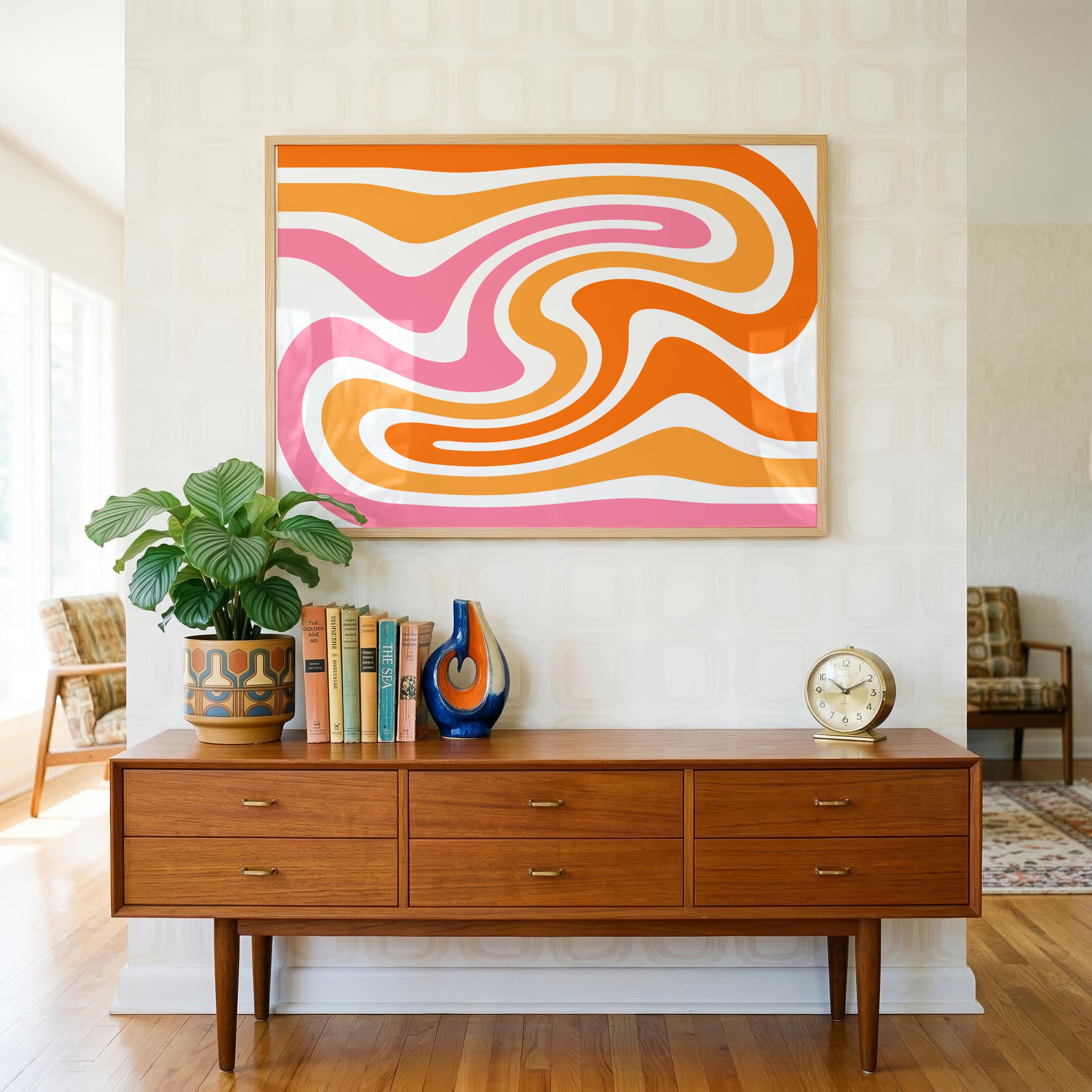 Retro Wavy Print: Funky 70s Wall Art, Pink & Orange Mid Century