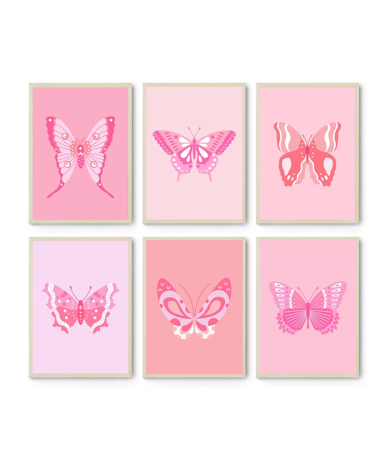 Butterfly Wall Art Pink Gallery Wall Set of 6 Prints Preppy Etsy