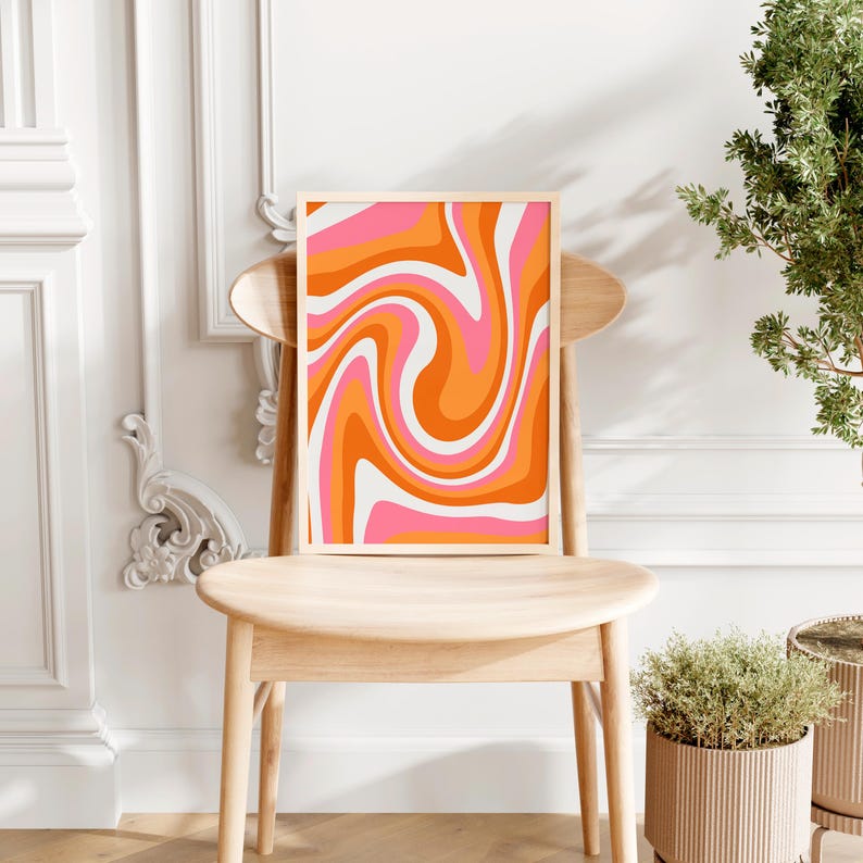 Abstract Swirl Print Retro Wavy Wall Art Pink Orange Groovy Print