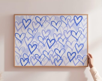 Blaue Graffiti Herzen Wand Kunst, Preppy Raum Dekor, horizontale Digitaldruck (Instant Download)