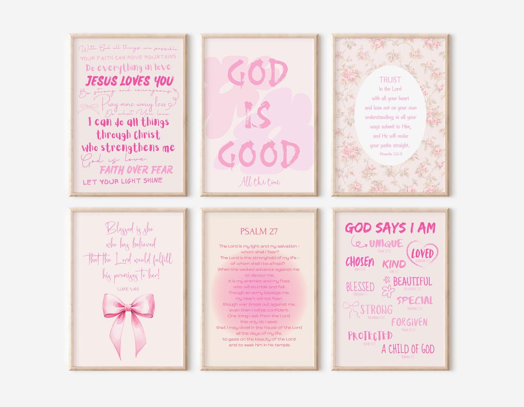 Pink Christian Wall Art, Girls Bible Verse Prints Set, Faith Scripture ...