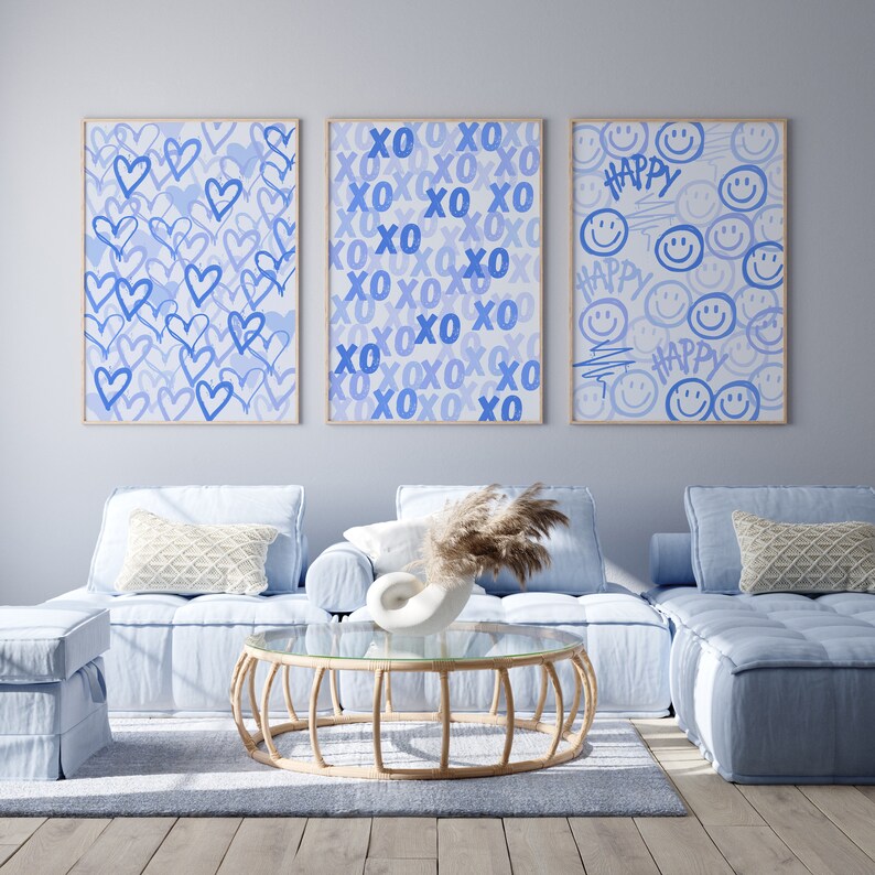 Décoration murale preppy bleue : Décoration d'appartement étudiant, Cœurs, Impression XOXO (Téléchargement numérique) image 5
