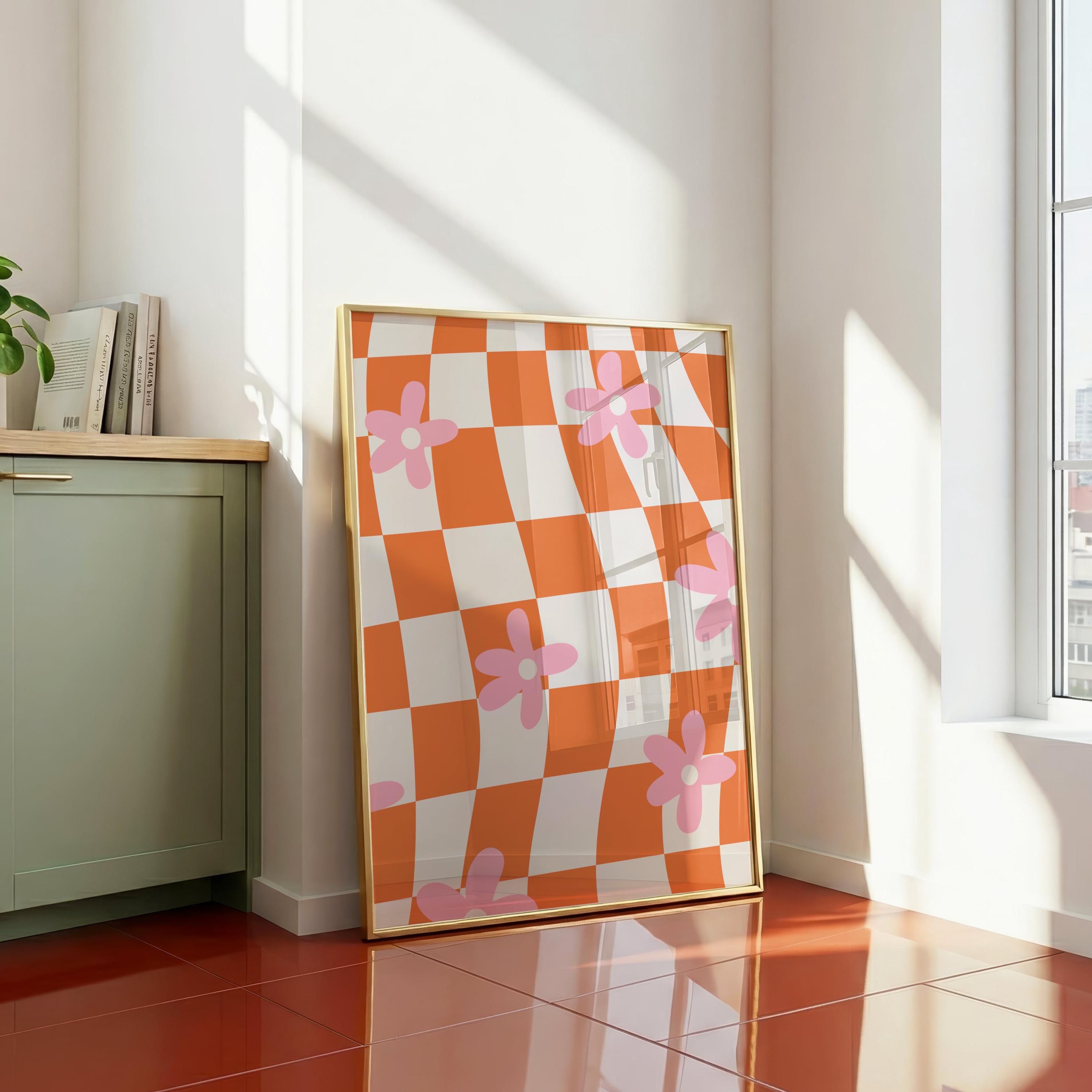 Checkered Flower Print: Retro 70s Pink & Orange Wall Art (digital