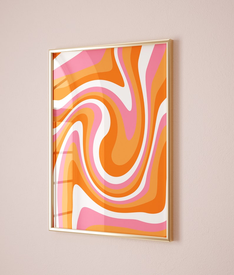 Abstract Swirl Print Retro Wavy Wall Art Pink Orange Groovy Print