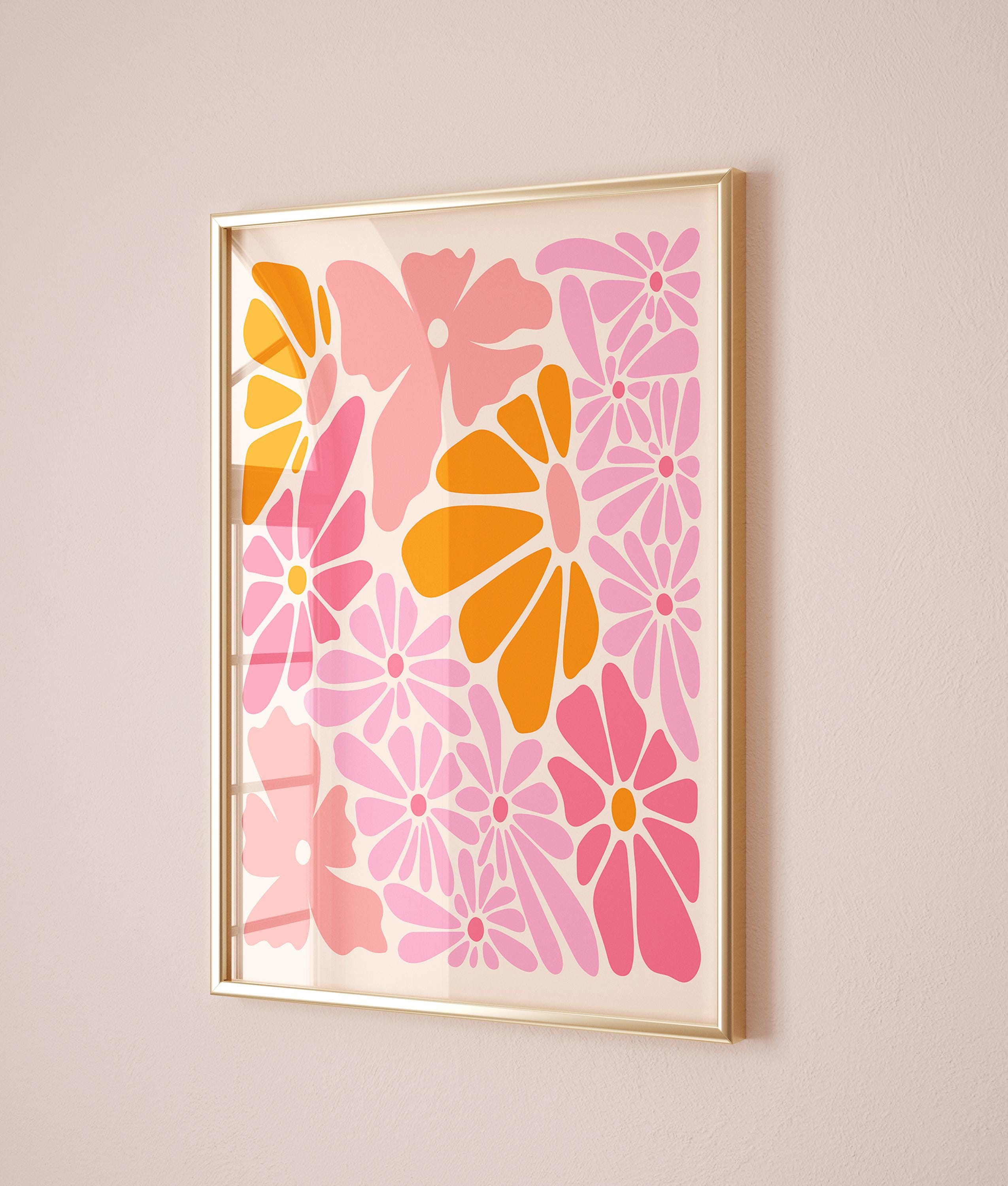 70s Retro Floral Print: Maximalist Pink Orange Botanical Wall Art