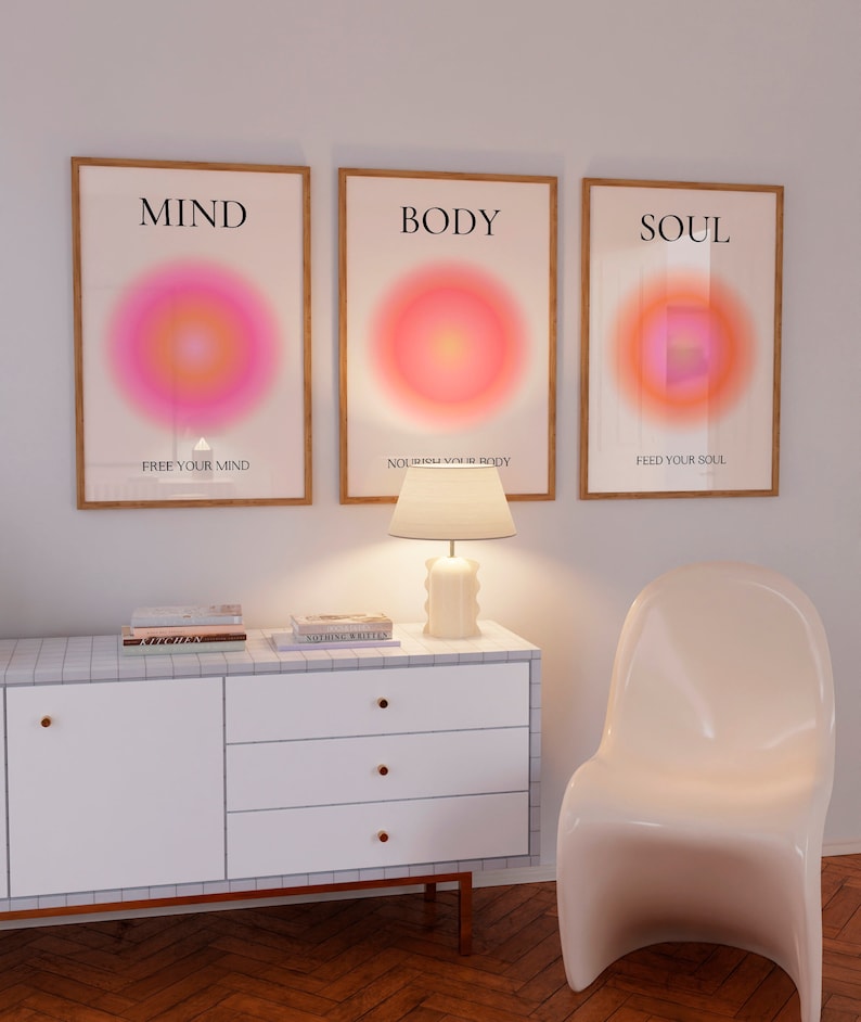 Mind Body Soul poster. Pink Aura print. 3 piece wall art. Spiritual wall art. Gradient wall art. Aesthetic wall art. Trendy wall art. Digital dwonload print.