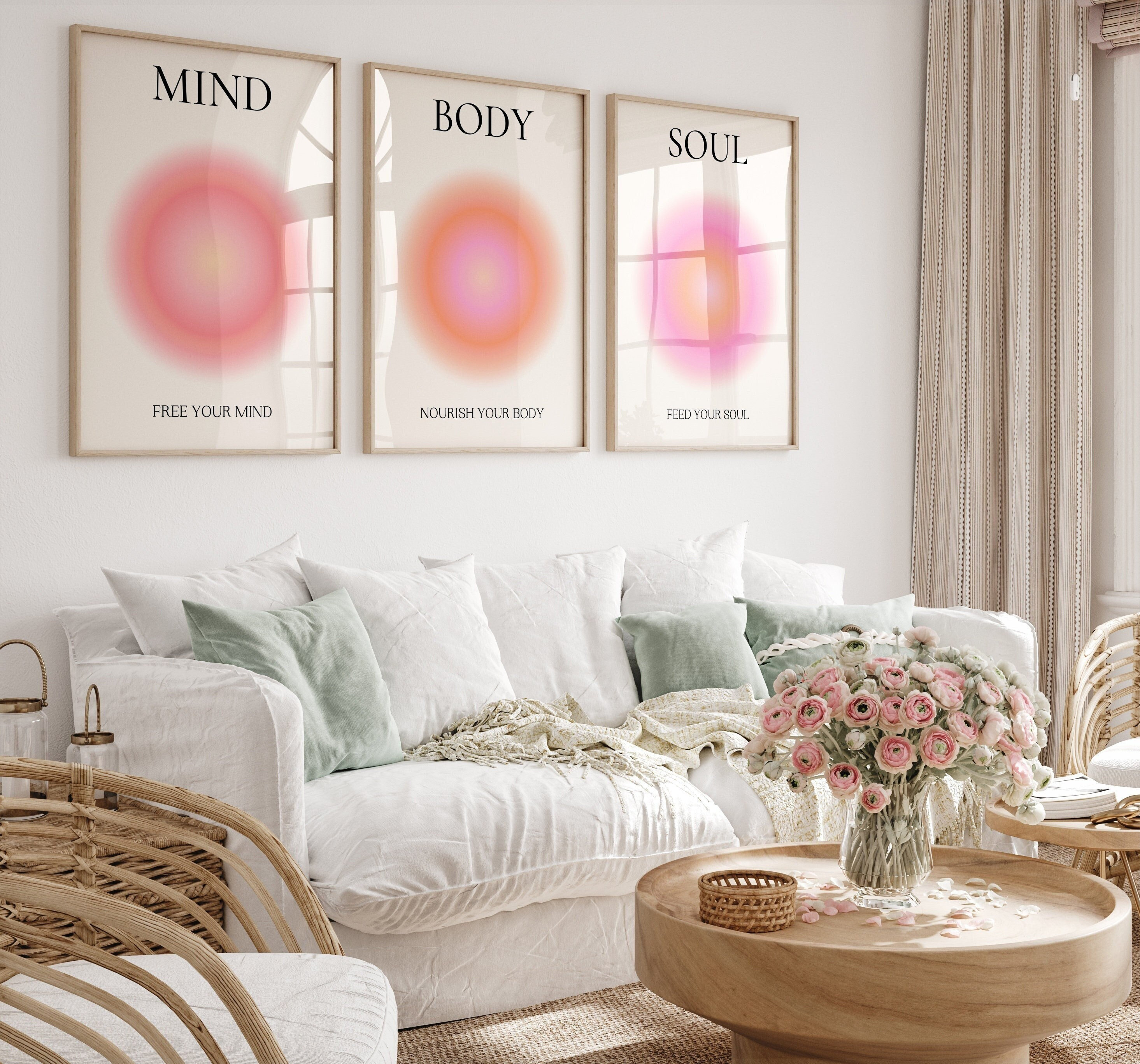 Mind Body Soul Aura Print Set: Pink Orange Zen Wall Art (digital