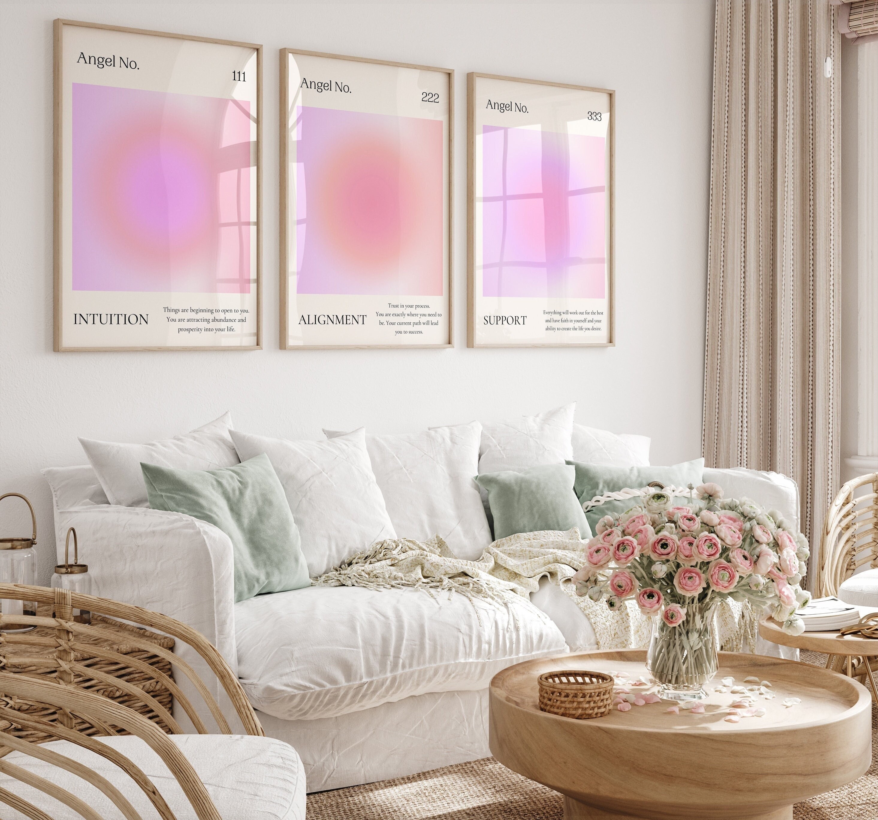 Angel Number prints 111, 222, 333 Positive Aura poster set of 3 Spiritual wall art Inspirational Pink purple Aesthetic room decor PRINTABLE
