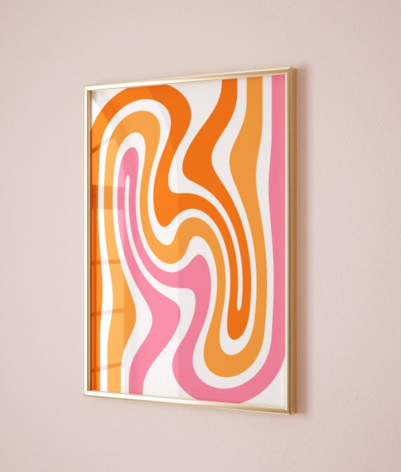Retro Wavy Print Colorful Pink Orange Wall Art Squiggle