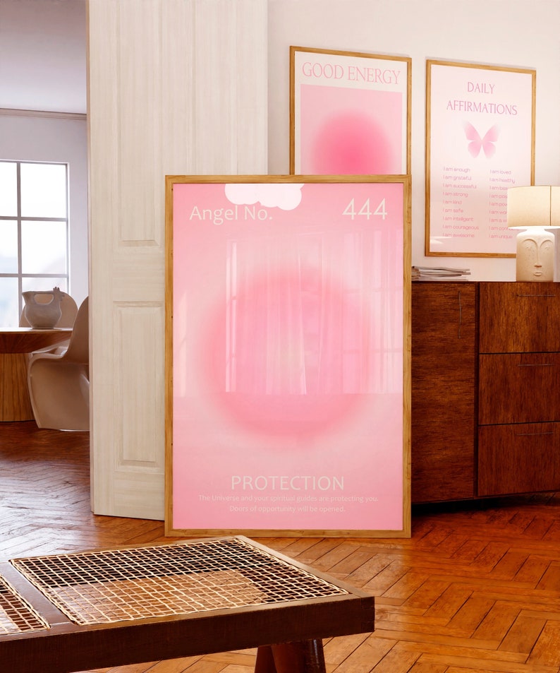 Angel Number 444 poster Pink Aura print Spiritual wall art Light pink Aesthetic room decor Home Protection Manifestation poster PRINTABLE WALL ART