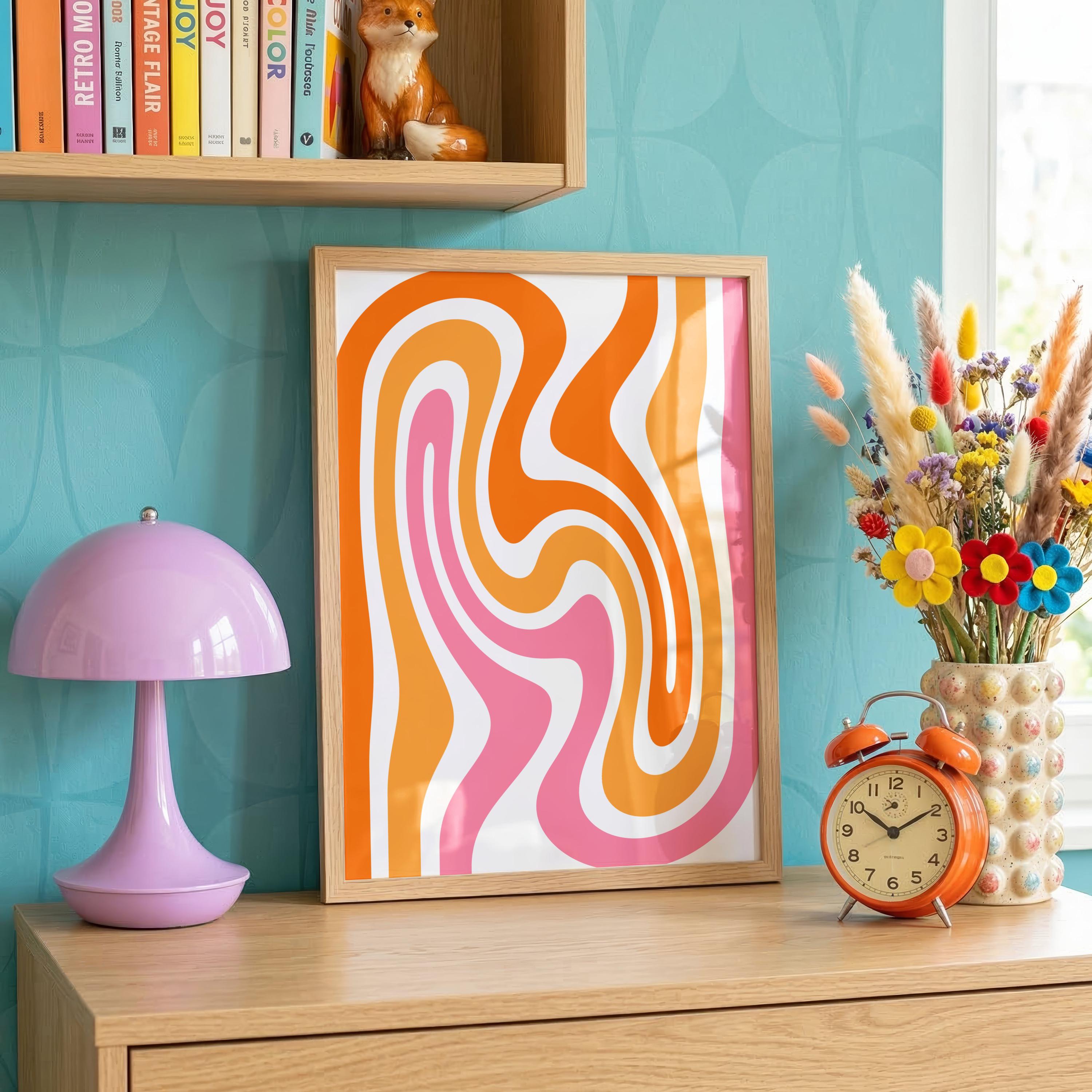 Retro Wavy Print: Funky 70s Wall Art, Pink & Orange Mid Century