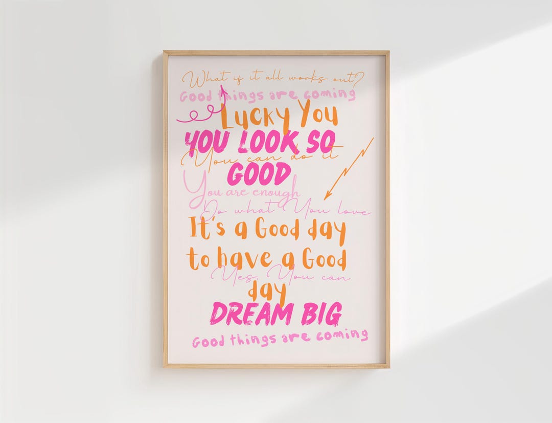 Positive Affirmations Wall Art: Pink Orange Girly College Dorm Decor ...