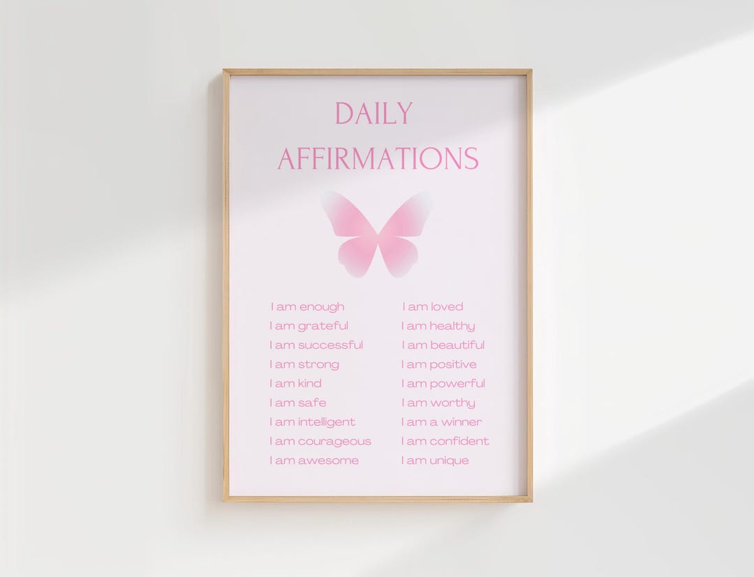 Positive Affirmations Wall Art, Pink Butterfly Decor, Self Love Poster ...