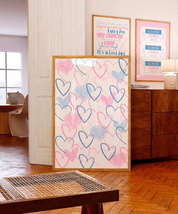 Light Blue Pink Hearts Print: Girly Preppy Wall Art (digital - Main Image