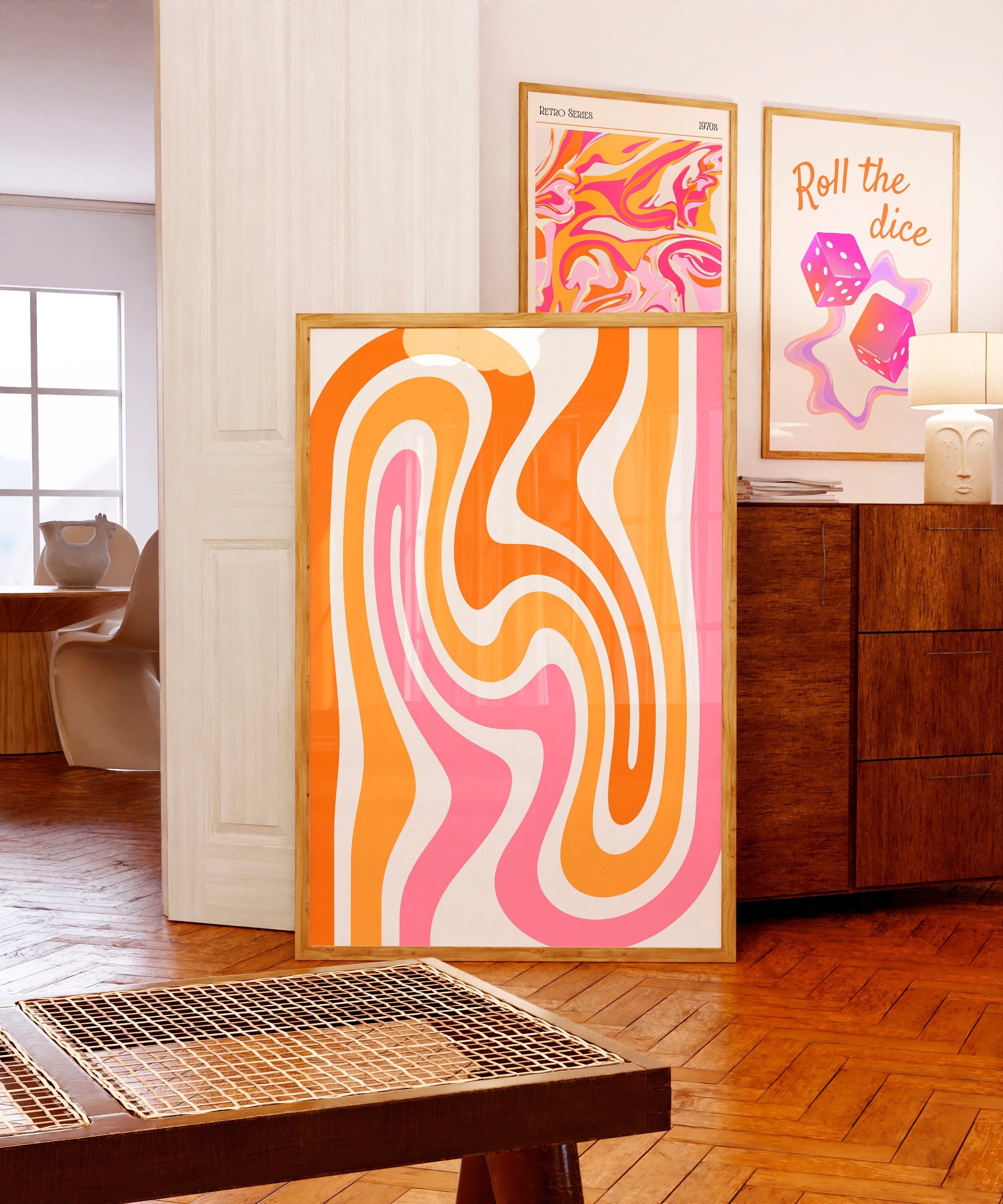 Retro Wavy Print Colorful Pink Orange Wall Art Squiggle