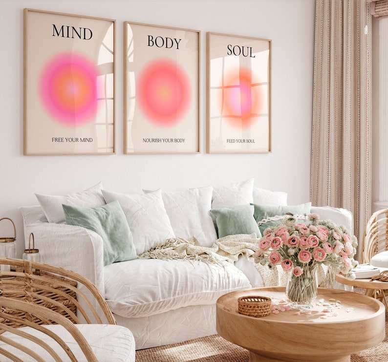 Mind Body Soul poster Pink Aura print Set of 3 Trendy wall art Aesthetic room decor Spiritual wall art High vibration Gradient PRINTABLE WALL ART