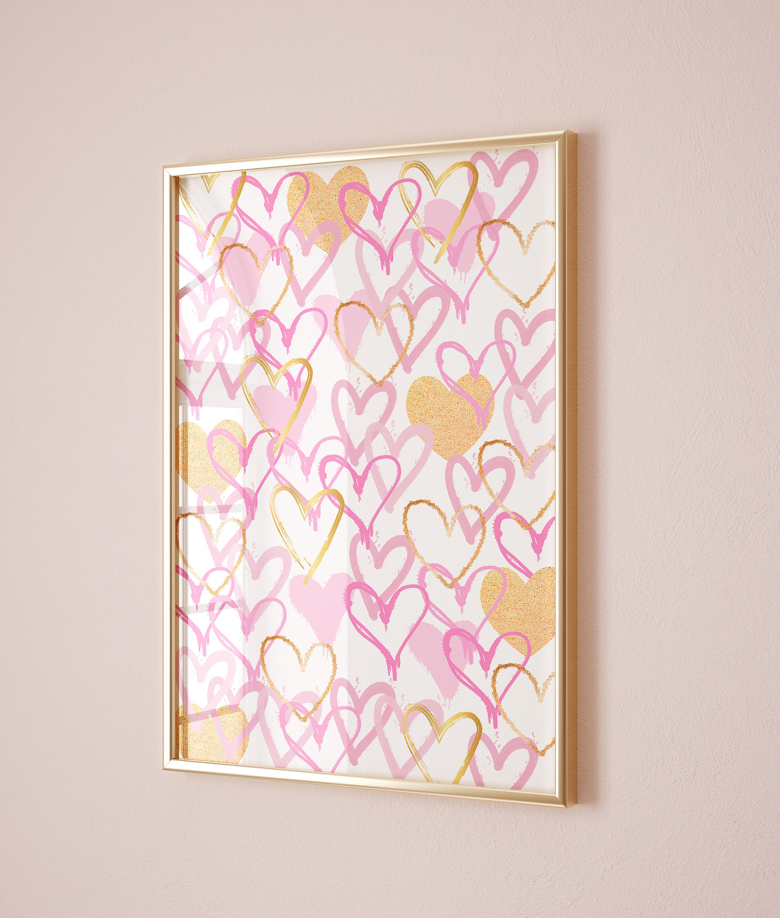 Hearts print Gold pink wall art Trendy Girly print Cute College dorm decor Graffiti Hearts wall art Preppy Aesthetic room decor PRINTABLE