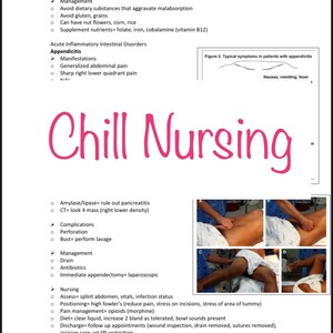 Puede incluir: Una ilustración médica que muestra los síntomas de la apendicitis, incluyendo náuseas, vómitos y fiebre. La ilustración muestra a una persona experimentando dolor en la parte inferior derecha del abdomen. El texto "Chill Nursing" está escrito en letras rosas en la parte inferior de la imagen.