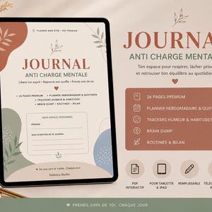 Puede incluir: Un diario digital en una tableta, con el título "JOURNAL ANTI CHARGE MENTALE" en letras grandes. El diseño incluye formas abstractas en tonos marrón, azul y beige, con texto en francés. El diario promete ayudar con el bienestar mental.