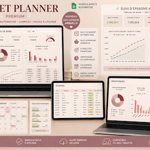 Peut inclure: Un planificateur budgétaire numérique affiché sur un ordinateur portable, une tablette et un écran d'ordinateur. Les écrans affichent des graphiques et des données financières. Le texte comprend "Budget Planner", "Google Sheets" et "Suivi d'épargne annuelle".
