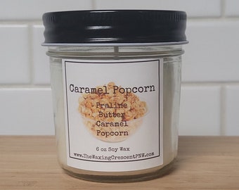 Caramel Popcorn Scented Soy Wax Candle 6 oz | Non-Toxic us grown organic soy wax no paraben phthalate petro hand made in WA