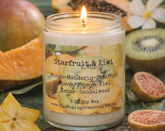 Starfruit & Kiwi Soy Candle: Tropical Citrus Scent, Vegan, Non-Toxic