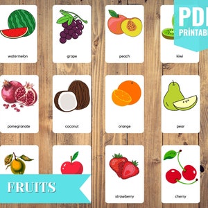 Carte flash numérique imprimable Fruits, 20 matériaux Montessori, Cartes de nomenclature en trois parties, Apprentissage à la maison, Cartes-éclair pour tout-petits