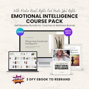 Puede incluir: Imagen que muestra un "Paquete de cursos de Inteligencia Emocional" con el texto "Dominando la Inteligencia Emocional". La imagen incluye un portátil, un monitor de ordenador y dos tabletas, todos mostrando el contenido del curso. También incluye el texto "3 DFY Ebook to Rebrand".