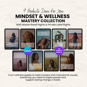 Puede incluir: Una colección de productos digitales llamada "Mindset & Wellness Mastery Collection" con derechos de reventa. La imagen muestra nueve productos digitales en tabletas, cada uno con un tema único, incluyendo "Emotional Intelligence" y "Transform Your Life".