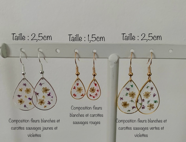 Boucle d'oreilles goutte pendantes fleurs séchées ou feuille dor et feuille dargent image 6