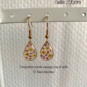 Boucle d'oreilles goutte pendantes fleurs séchées ou feuille dor et feuille dargent image 4