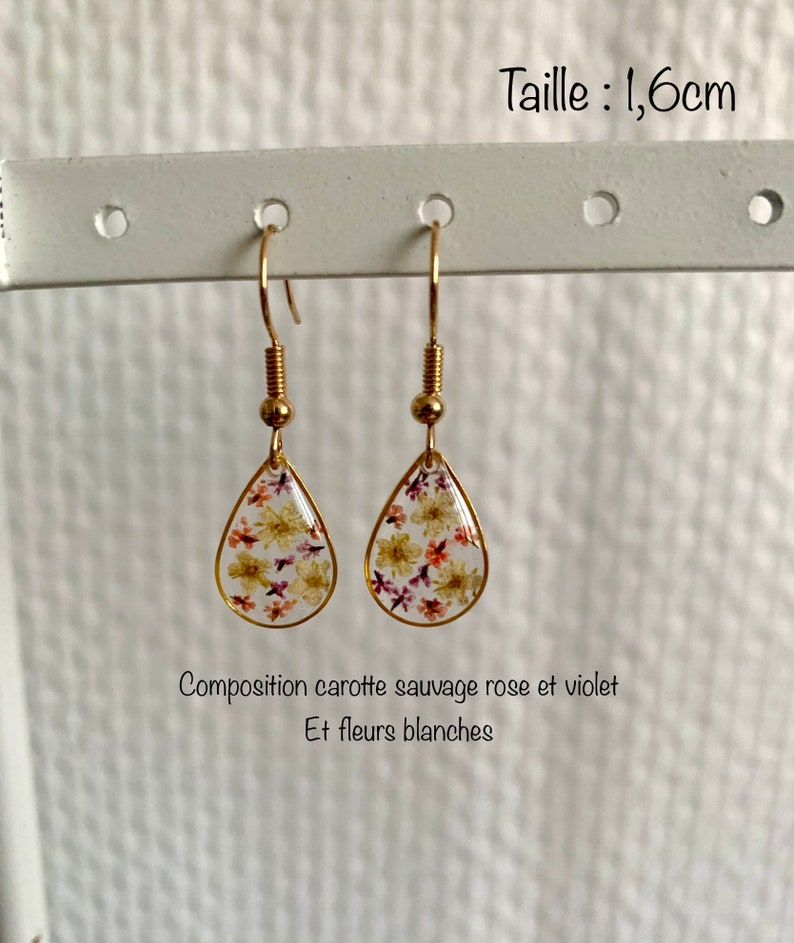 Drop earrings with dried flowers or gold leaf and silver leaf image 4