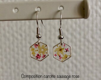 Hexagon earrings with dried flowers or gold and silver leaf.