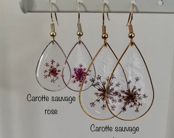 Boucle d'oreilles goutte pendantes fleurs séchées ou feuille d’or et feuille d’argent