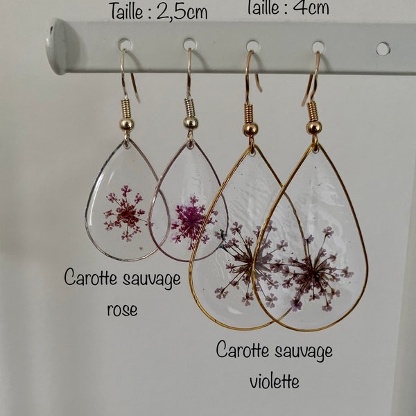 Boucle d'oreilles goutte pendantes fleurs séchées ou feuille d’or et feuille d’argent