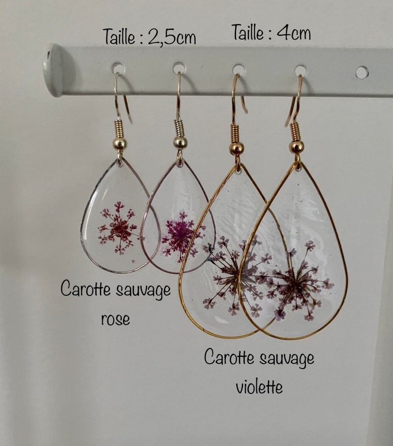 Boucle d'oreilles goutte pendantes fleurs séchées ou feuille dor et feuille dargent image 1