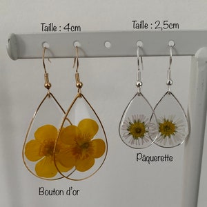 Boucle d'oreilles goutte pendantes fleurs séchées ou feuille dor et feuille dargent image 2