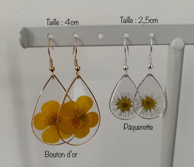 Boucle d'oreilles goutte pendantes fleurs séchées ou feuille dor et feuille dargent image 2