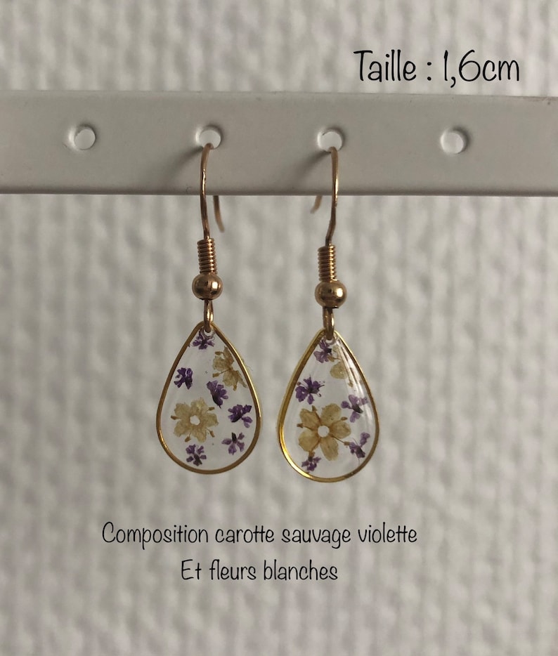 Boucle d'oreilles goutte pendantes fleurs séchées ou feuille dor et feuille dargent image 5