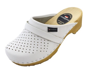 Holzclogs für Damen, Lederpolitur-Clogs, handgefertigte orthopädische medizinische Schuhe, echte Lederschuhe, Holz-Plateauschuhe, bequem