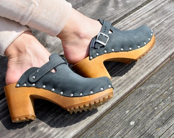 Dreamlike Women Swedish Clogs  Wooden Leather Polish Clogs Handmade High Heel Clog Original Leather Shoes Wooden Platform Shoes