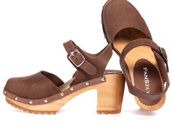 Traumhafte Damen schwedische Clogs aus Holz Leder polnische Clogs handgemachte High Heel Clog Original Lederschuhe Holz Plateauschuhe