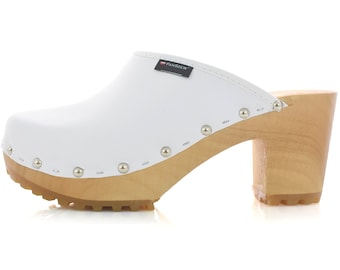 Traumhafte schwedische Clogs für Damen aus Holz, Leder, polnische Clogs, handgefertigte High-Heel-Clogs, Original-Lederschuhe, Holz-Plateauschuhe