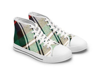 Sneakers alte in tela con stampa scozzese verde da donna