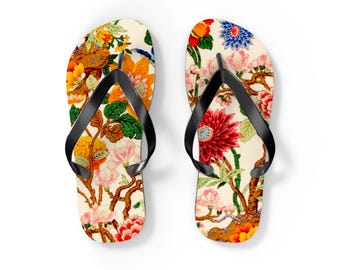 Chinoiserie Floral Flip Flops, Lightweight Non-Leather Thong Sandals | Packable Vacation Shoes