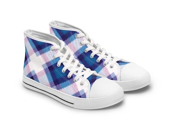WOMEN'S Blue White Plaid Print High Top canvas Sneakers