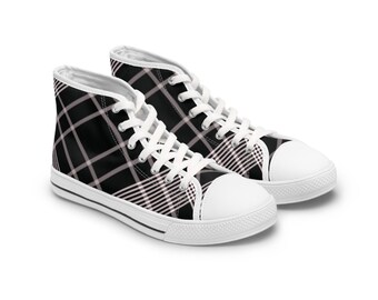 Sneakers alte in tela con stampa scozzese bianca e nera da donna