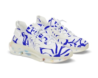 MEN'S Mesh Sneakers with Blue White Abstract Floral Print | Lightweight Travel Foam Trainers