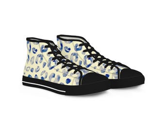 MEN'S Blue Leopard Print High Top canvas Sneakers | Animal Pattern Shoes