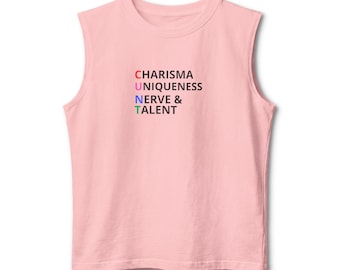 GENDER-NEUTRAL Cotton Jersey Tank Top with 'Charisma Uniqueness Nerve Talent' slogan